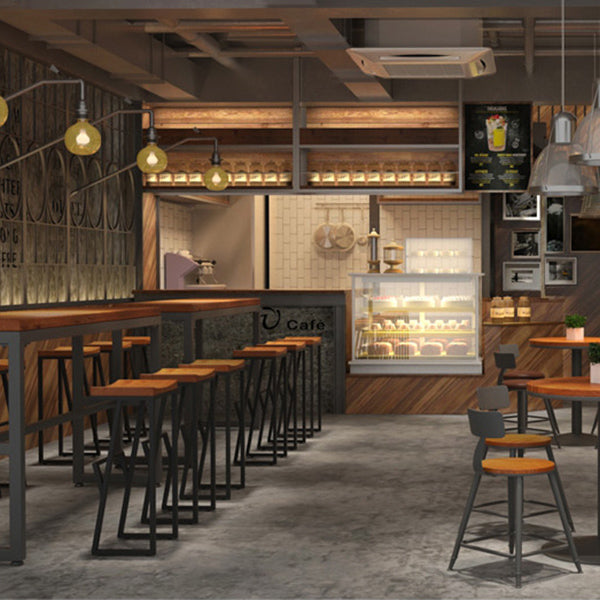 Industrial Wood Top Barstool Iron Sled Pedestal Bar Stool for Indoor