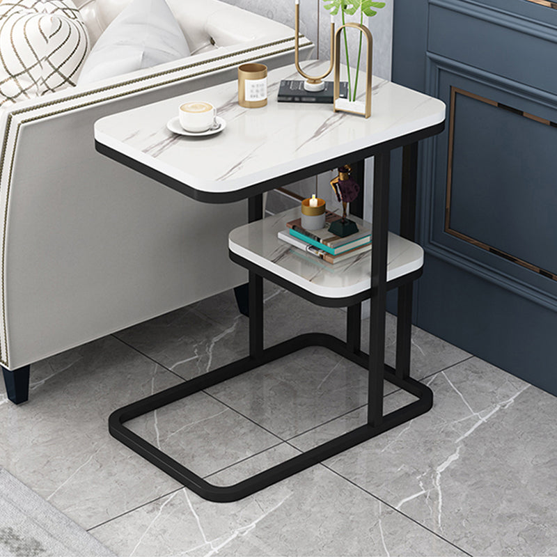 Frame Base Design Is White/black Rectangular Stone Plate Top Side Table