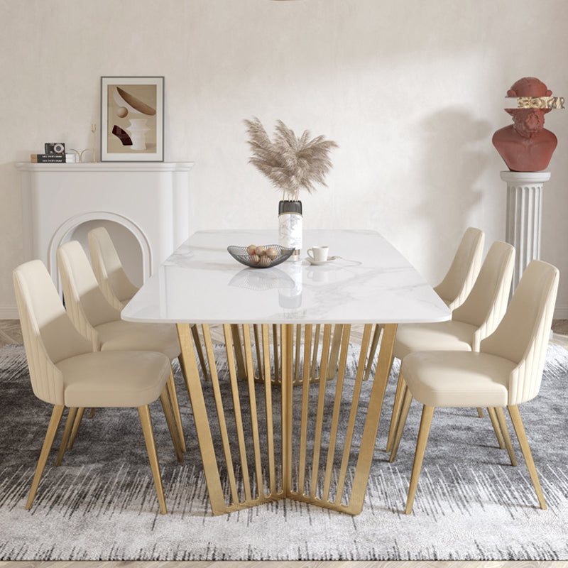 Luxury Sintered Stone Top White Table Rectangle Dining Table with Gold Double Pedestal