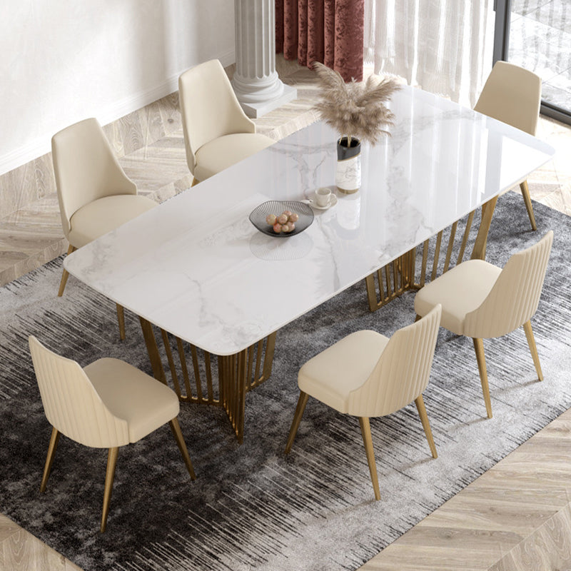 Luxury Sintered Stone Top White Table Rectangle Dining Table with Gold Double Pedestal