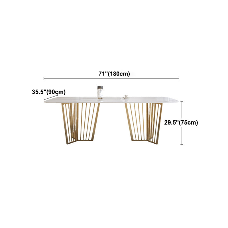 Luxury Sintered Stone Top White Table Rectangle Dining Table with Gold Double Pedestal