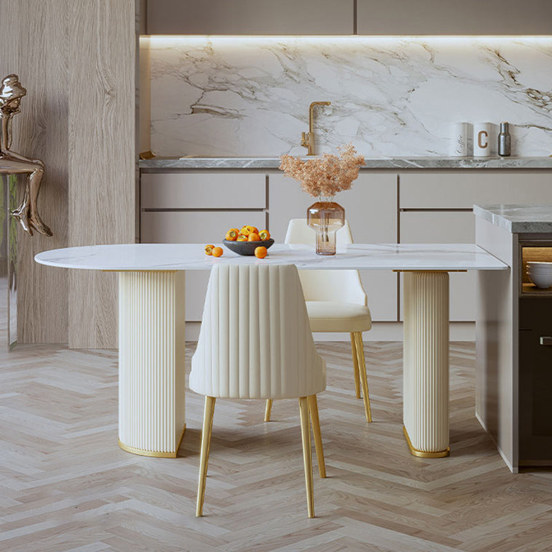 Free Form White Dining Table Sintered Stone Table Luxury of Double Pedestal