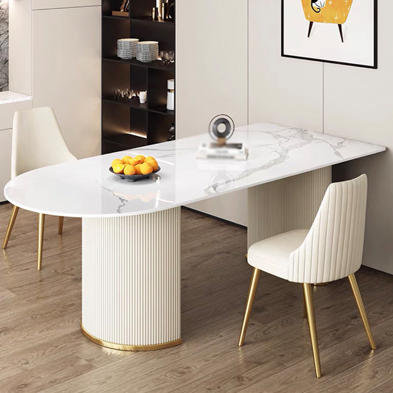 Free Form White Dining Table Sintered Stone Table Luxury of Double Pedestal