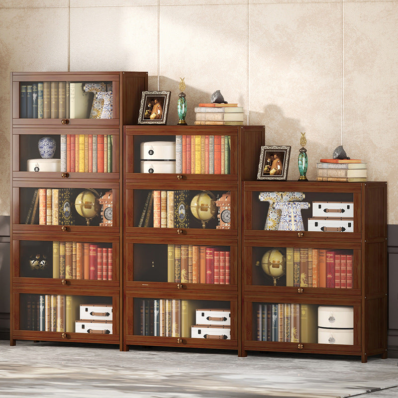 Contemporary Brown Bamboo Bookshelf Closed Back Bookcase with Door for Home Office