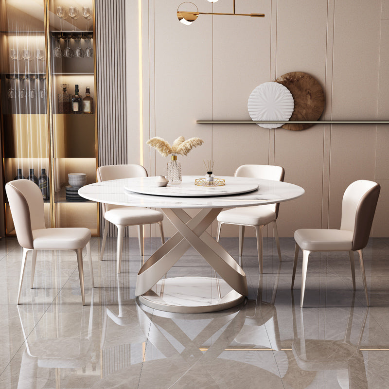 Round Pedestal Table Contemporary Style Stone Dining Site Table with Turntable