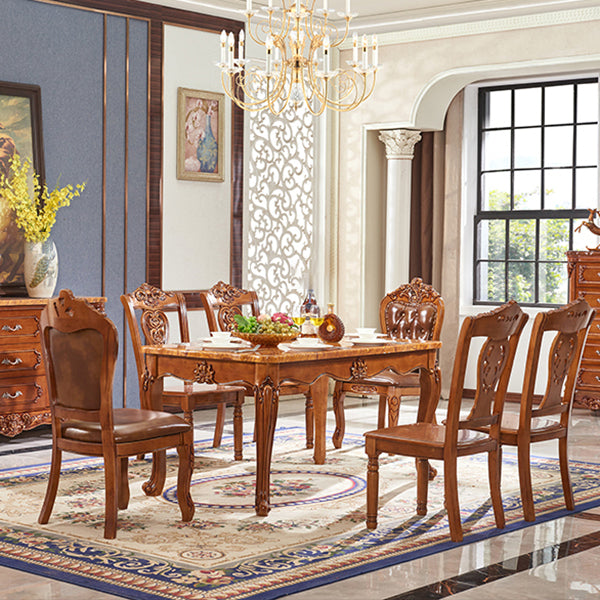 Rubberwood Victorian Rectangular Dining Table Marble Top Dining Table with 4 Legs
