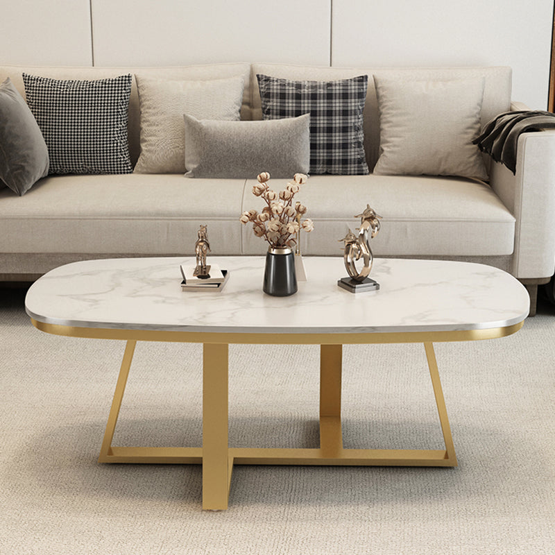 Stone Top Cross Legs Coffee Table 1 Single Oval Cocktail Table