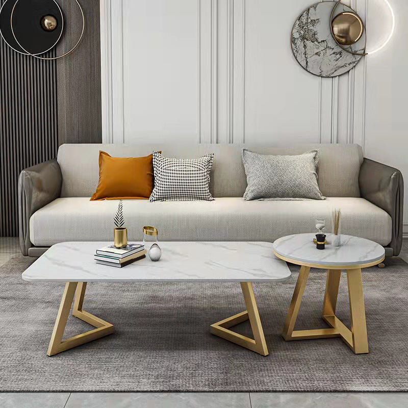 Geometric Stone Top Coffee Table in White of 17.7"/19.7" High