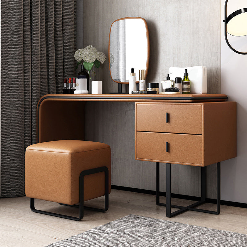 Vanity Mirrored Faux Leather Makeup Dressing Table Stool Set, 28.74"