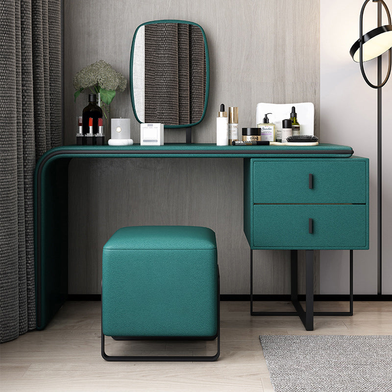 Vanity Mirrored Faux Leather Makeup Dressing Table Stool Set, 28.74"