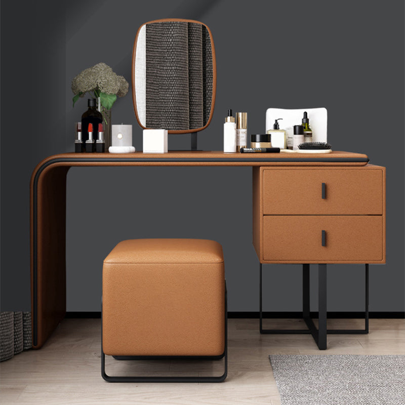 Vanity Mirrored Faux Leather Makeup Dressing Table Stool Set, 28.74"