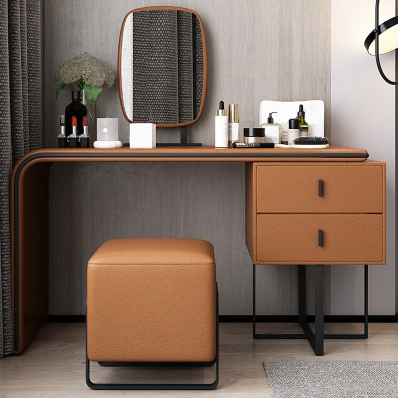 Vanity Mirrored Faux Leather Makeup Dressing Table Stool Set, 28.74"