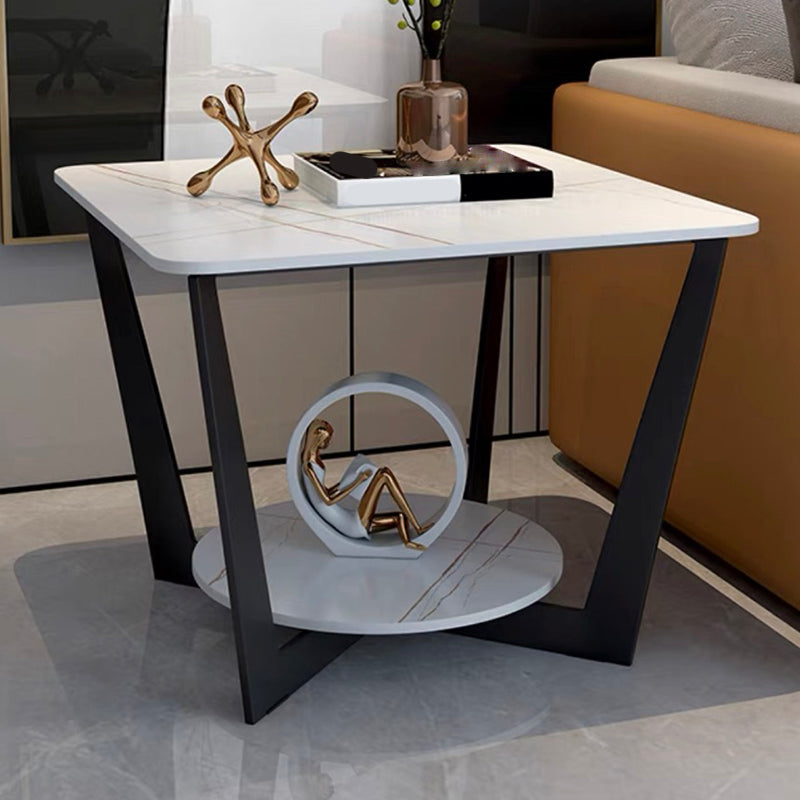Modern Style Metal Iron Black Base Slab Top with Storage Rack Round Side Table