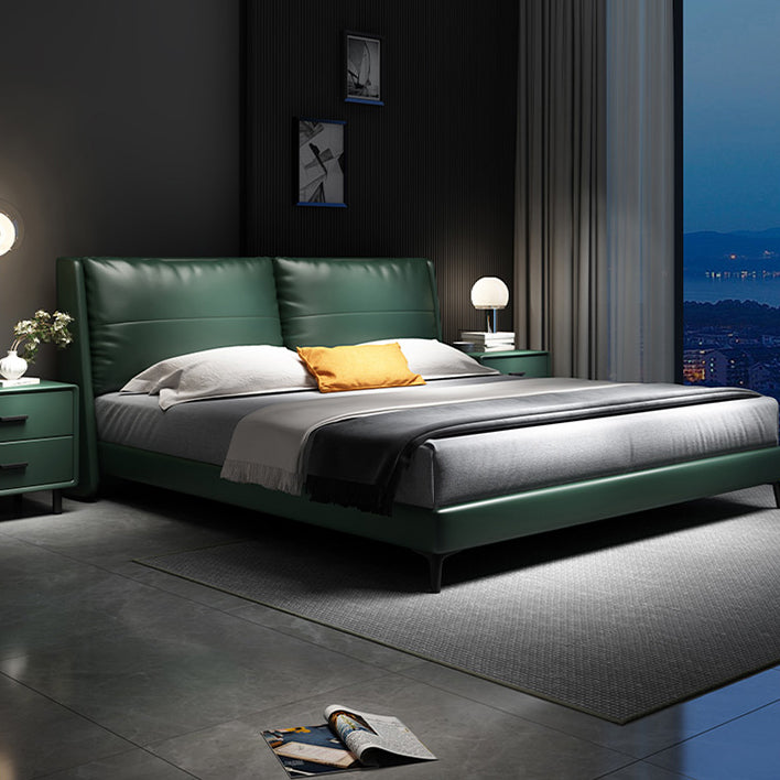 Scandinavian Wooden Panel Bed Green Genuine Leather Standard Bed