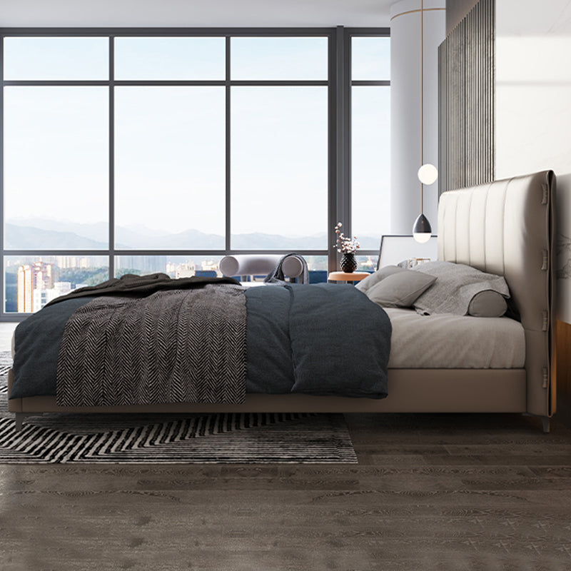 Wooden Modern Grey Bed Frame with Headboard, Genuine Leather Panel Bed