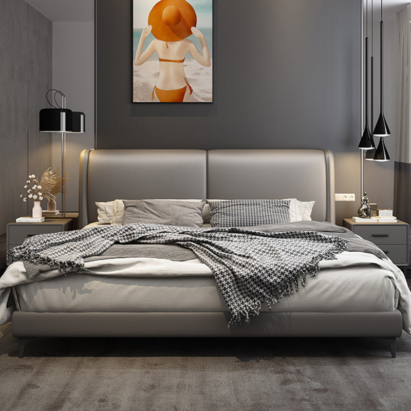 Contemporary Wooden Bed Frame Dark Grey Genuine Leather Standard Bed