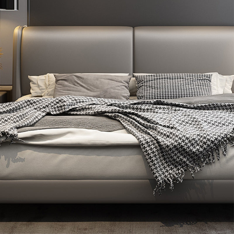 Contemporary Wooden Bed Frame Dark Grey Genuine Leather Standard Bed