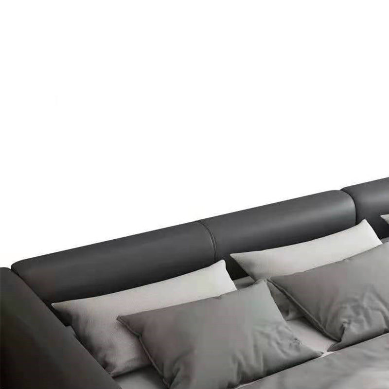 Contemporary Grey Genuine Leather and Wood Standard Bed for Bedroom