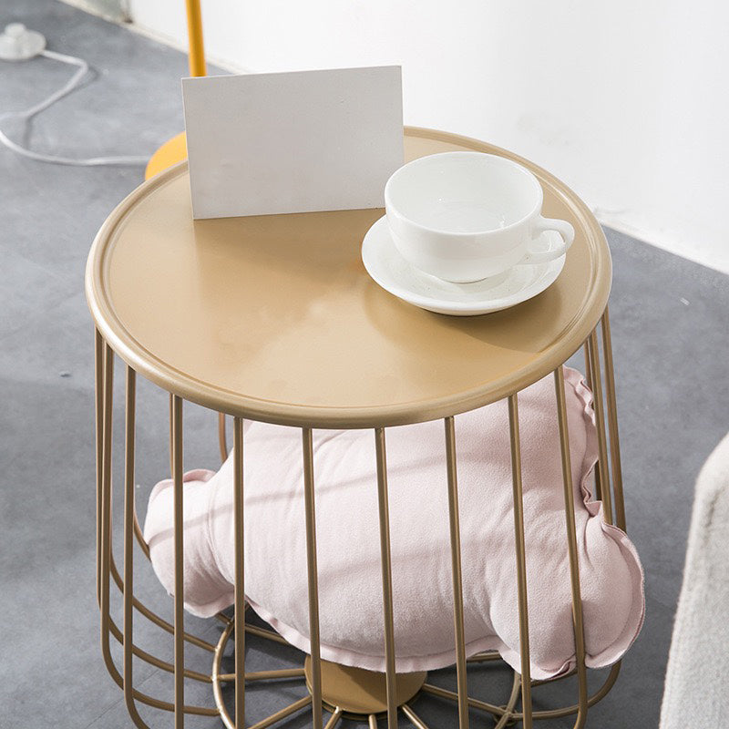 Mid-century Modern Round Iron Coffee Table, Brass/Black Frame Cocktail Table with Storage
