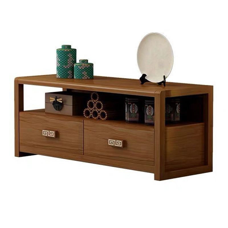 Brown Rubber Wood TV Stand Contemporary Style TV Cabinet with 2 Drawers