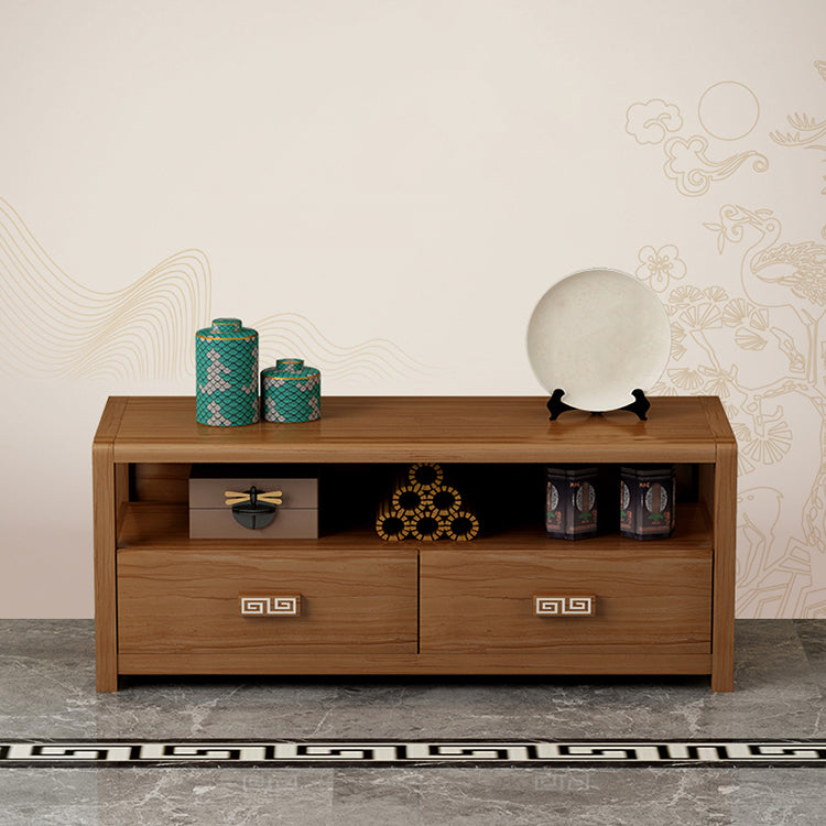 Brown Rubber Wood TV Stand Contemporary Style TV Cabinet with 2 Drawers