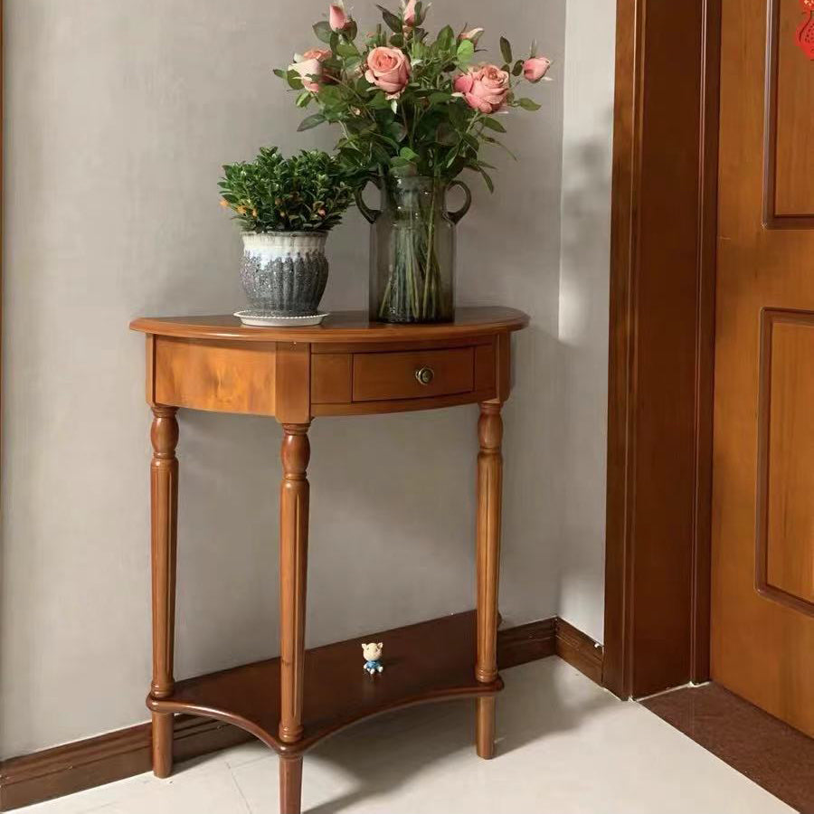 Rubbered Wood Console Table Solid Wood Accent Table with Drawer and Shelf