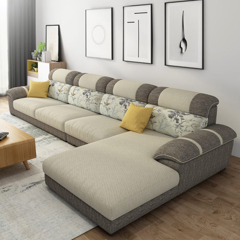 Cushion Back Contemporary Chaise Cotton 4-Seater Modular Sofa