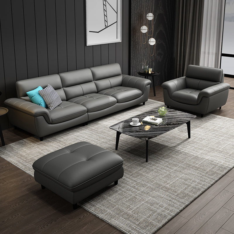 Stationary Stain Resistant Genuine Leather Living Room Flared Arm Sofa