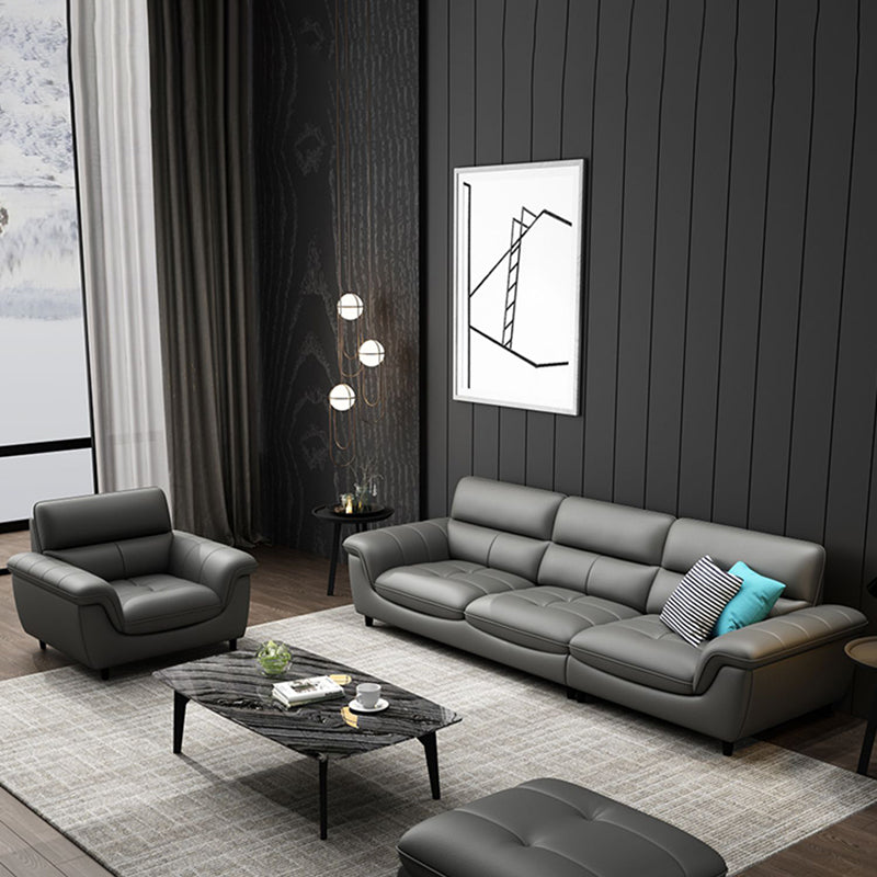 Stationary Stain Resistant Genuine Leather Living Room Flared Arm Sofa