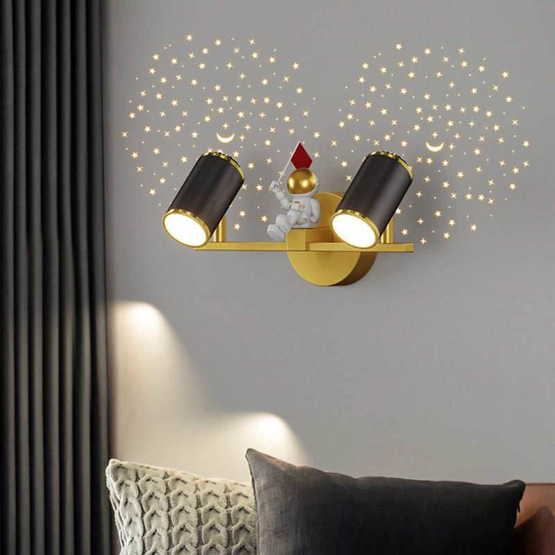 Kids Astronaut Wall Lamp Metal Sconce Lighting in Black and Gold for Bedroom