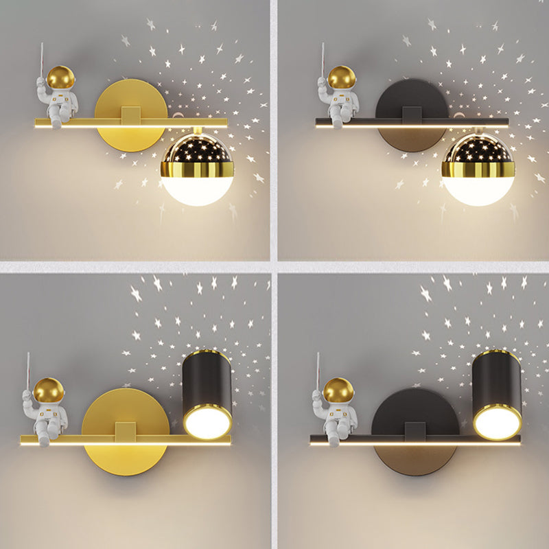 Kids Astronaut Wall Lamp Metal Sconce Lighting in Black and Gold for Bedroom