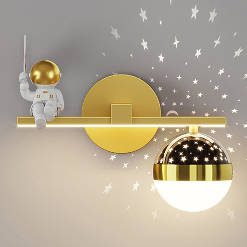 Kids Astronaut Wall Lamp Metal Sconce Lighting in Black and Gold for Bedroom