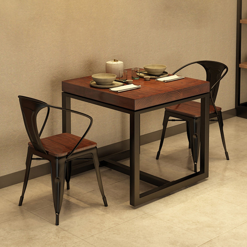 Solid Wood Top Dining Table Industrial Square Black Iron Trestle Base Table