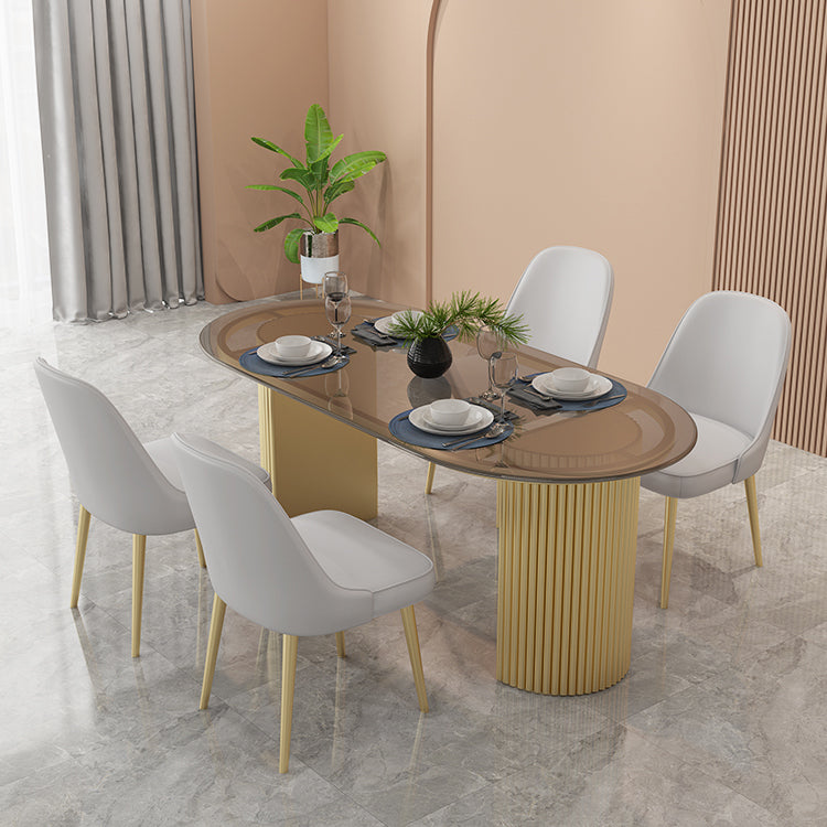 Glass Top Dining Table Modern Oval Dining Table with Double Pedestal Base