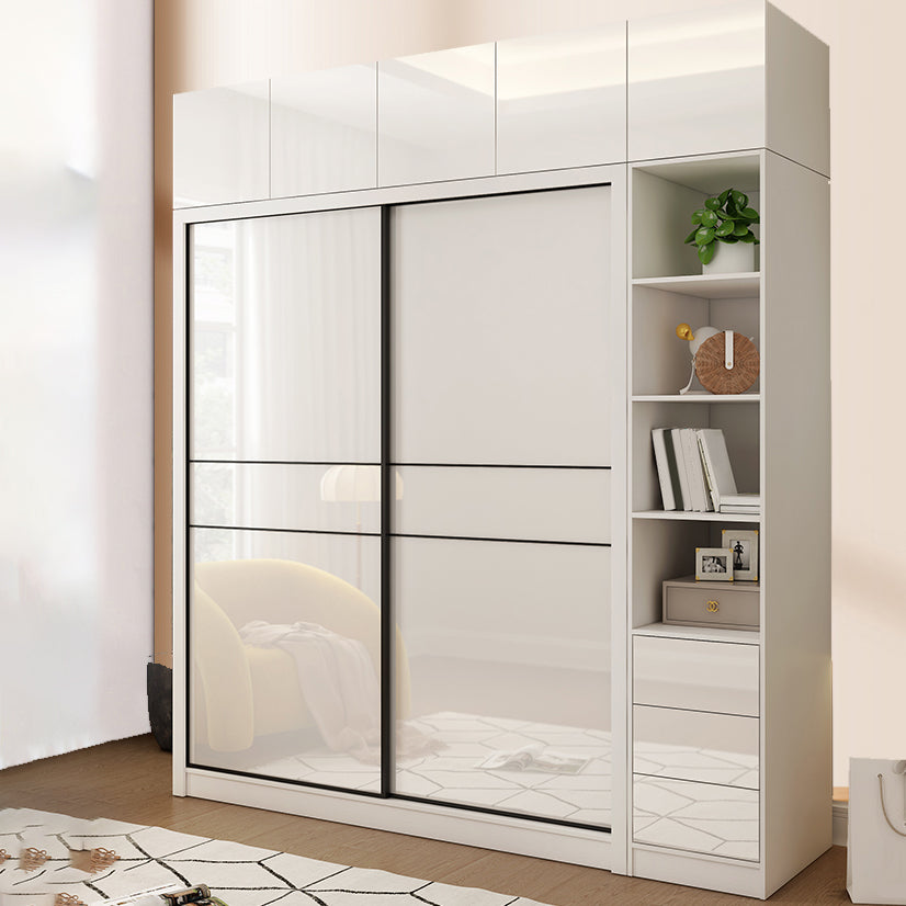 White Mirrored Finish Wardrobe Cabinet Modern Engineered Wood Wardrobe
