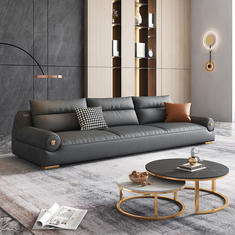 Stain Resistant Faux Leather Round Arm Sofa Standard Sofa with Sewn Pillow Back
