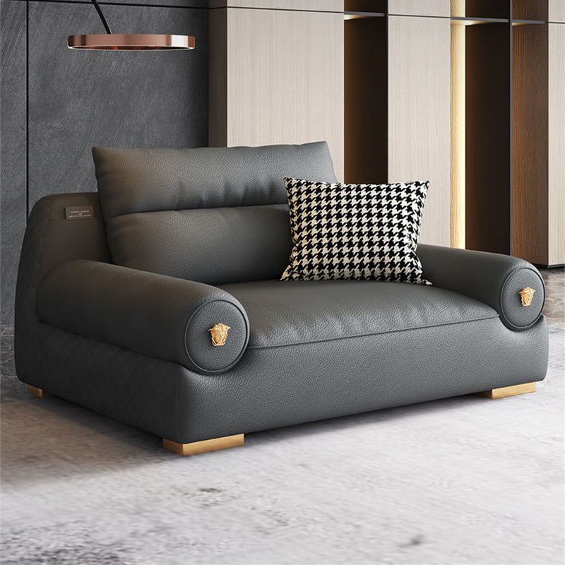 Stain Resistant Faux Leather Round Arm Sofa Standard Sofa with Sewn Pillow Back