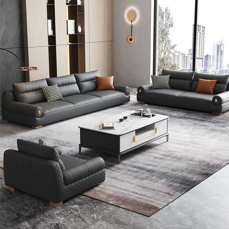 Stain Resistant Faux Leather Round Arm Sofa Standard Sofa with Sewn Pillow Back