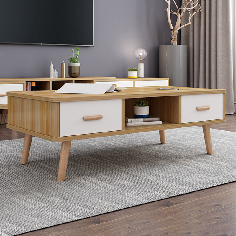 Rectangular with 2 Drawers Coffee Table Scandinavian Wood Cocktail Table