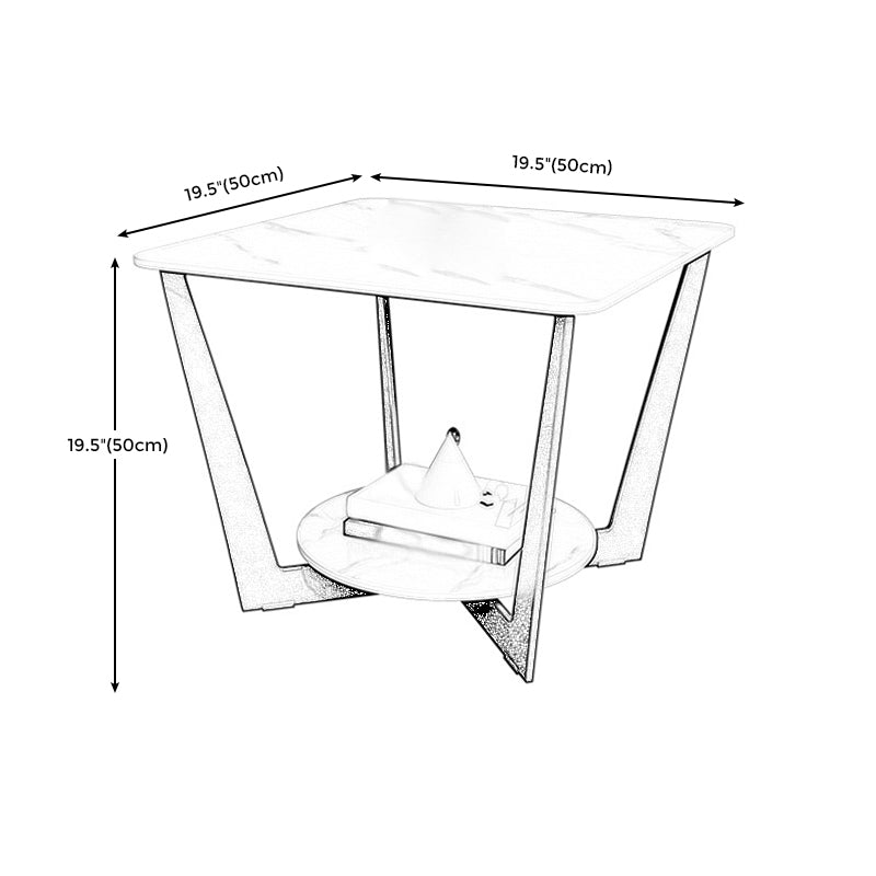 Square Marble Top End Table Metal Frame Sofa Side End Table with Shelf