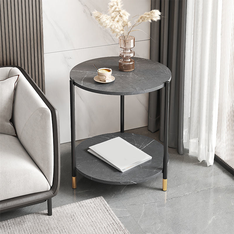 Modern Style Rock Slab Table Top Metal Steel Base with Circular Storage Space Side Table