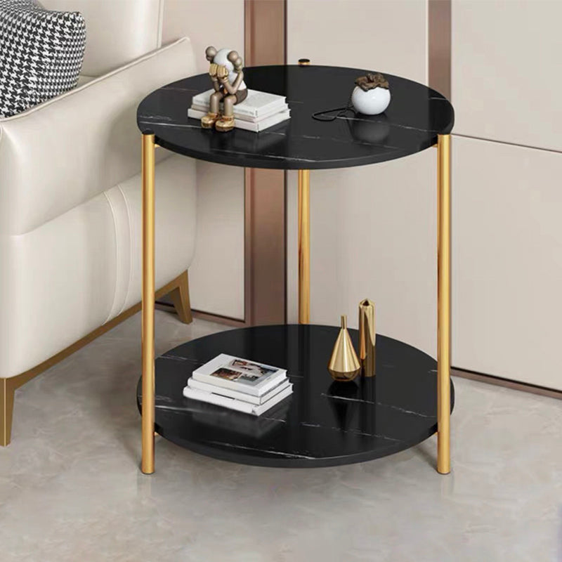Modern Style Rock Slab Table Top Metal Steel Base with Circular Storage Space Side Table