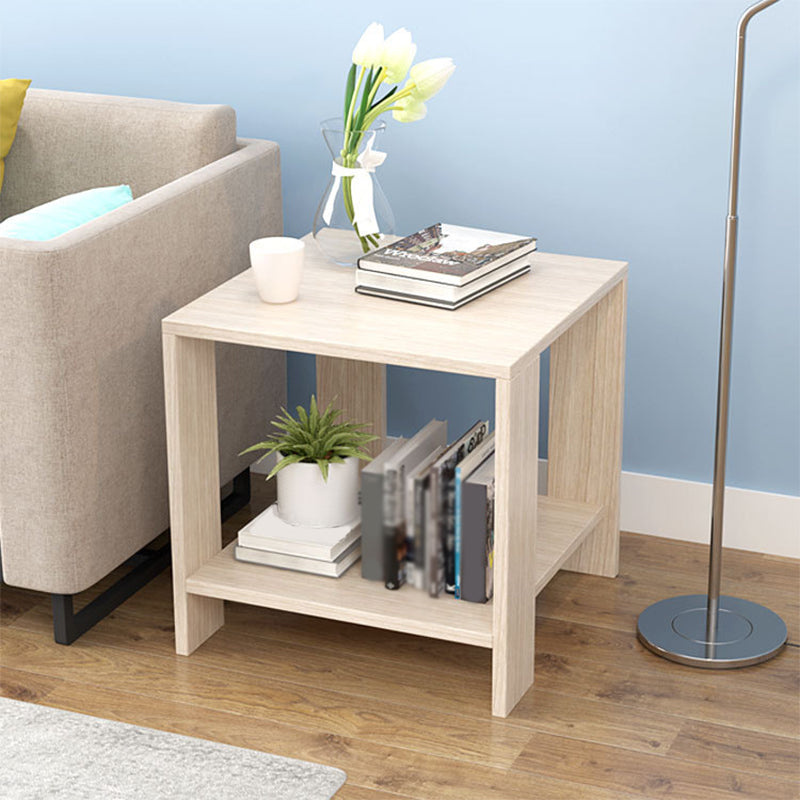 Transitional Square Wood End Table 4 Legs Sofa Side Table with Shelves