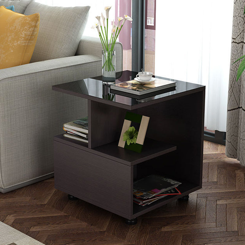 Transitional Square Glass Top End Table Portable Sofa Side Table with Shelves