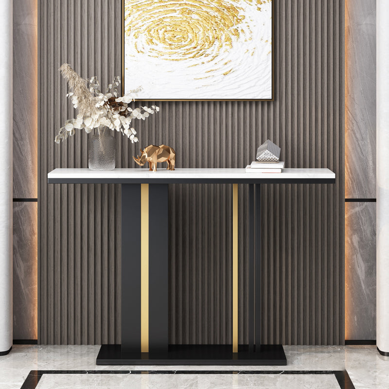 Glam Style Console Table with Stone Top and Pedestal Base for Hall