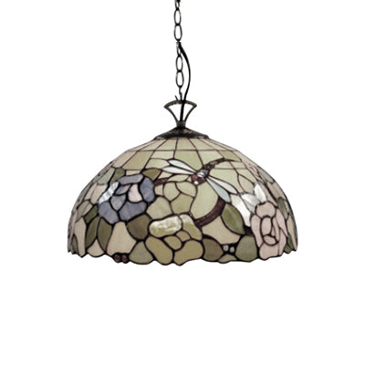 Tiffany Multi-Colored Pendant Light with Flower and Dragonfly 12"/16" W Domed Shade Glass Hanging Light for Kitchen
