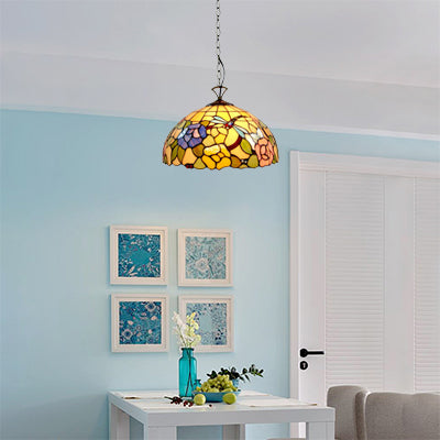 Tiffany Multi-Colored Pendant Light with Flower and Dragonfly 12"/16" W Domed Shade Glass Hanging Light for Kitchen