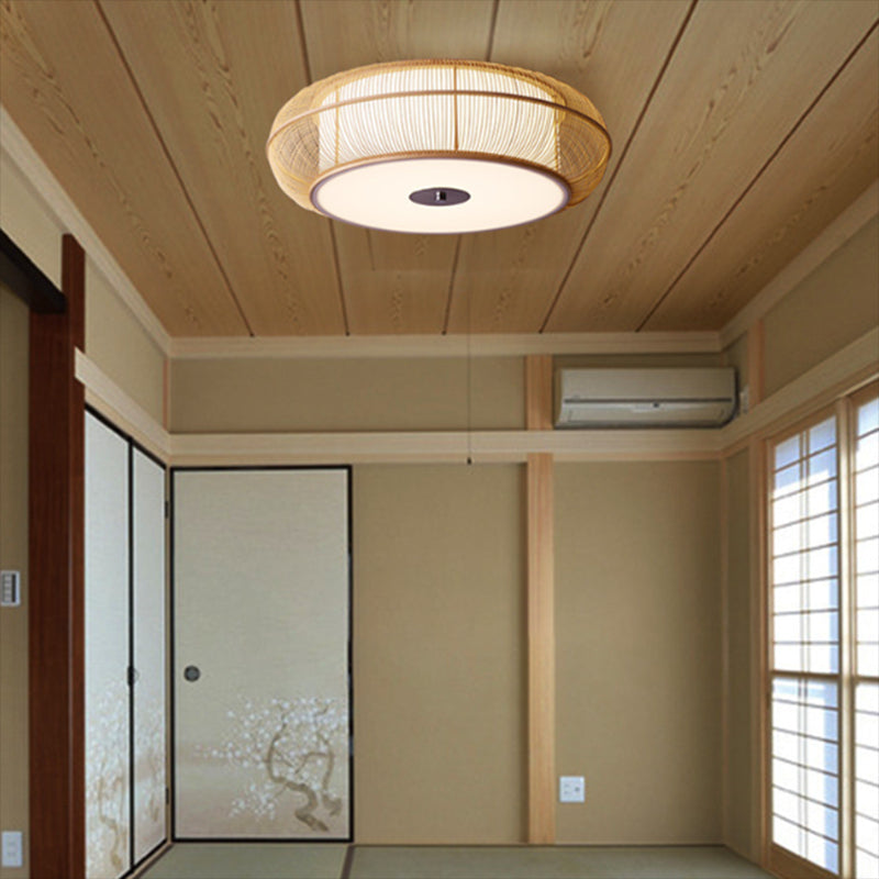 Asian Bamboo Flush Mount Lighting Rounded Drum Ceiling Light for Living Room