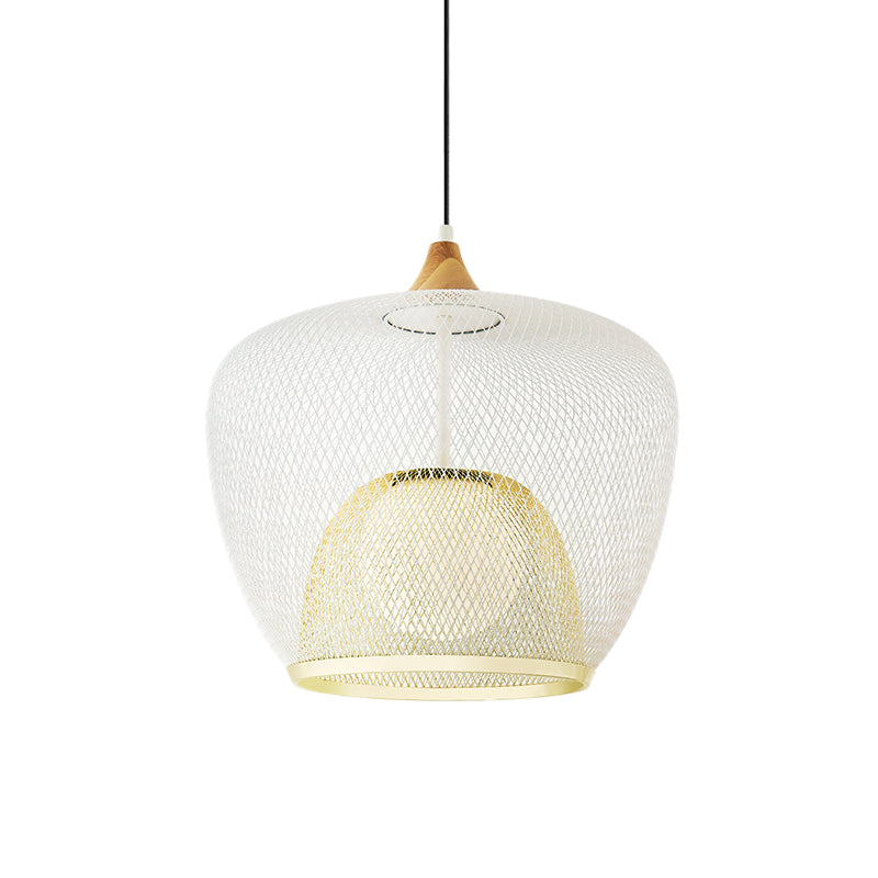Contemporary 1 Bulb Pendant Lighting with Iron Mesh Shade White/Blue Woven Basket Hanging Ceiling Lamp