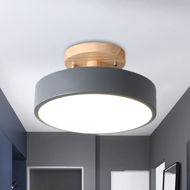 Iron Drum Flushmount Nordic White/Green/Grey Finish LED Semi Close to Ceiling Light with Wood Canopy for Corridor